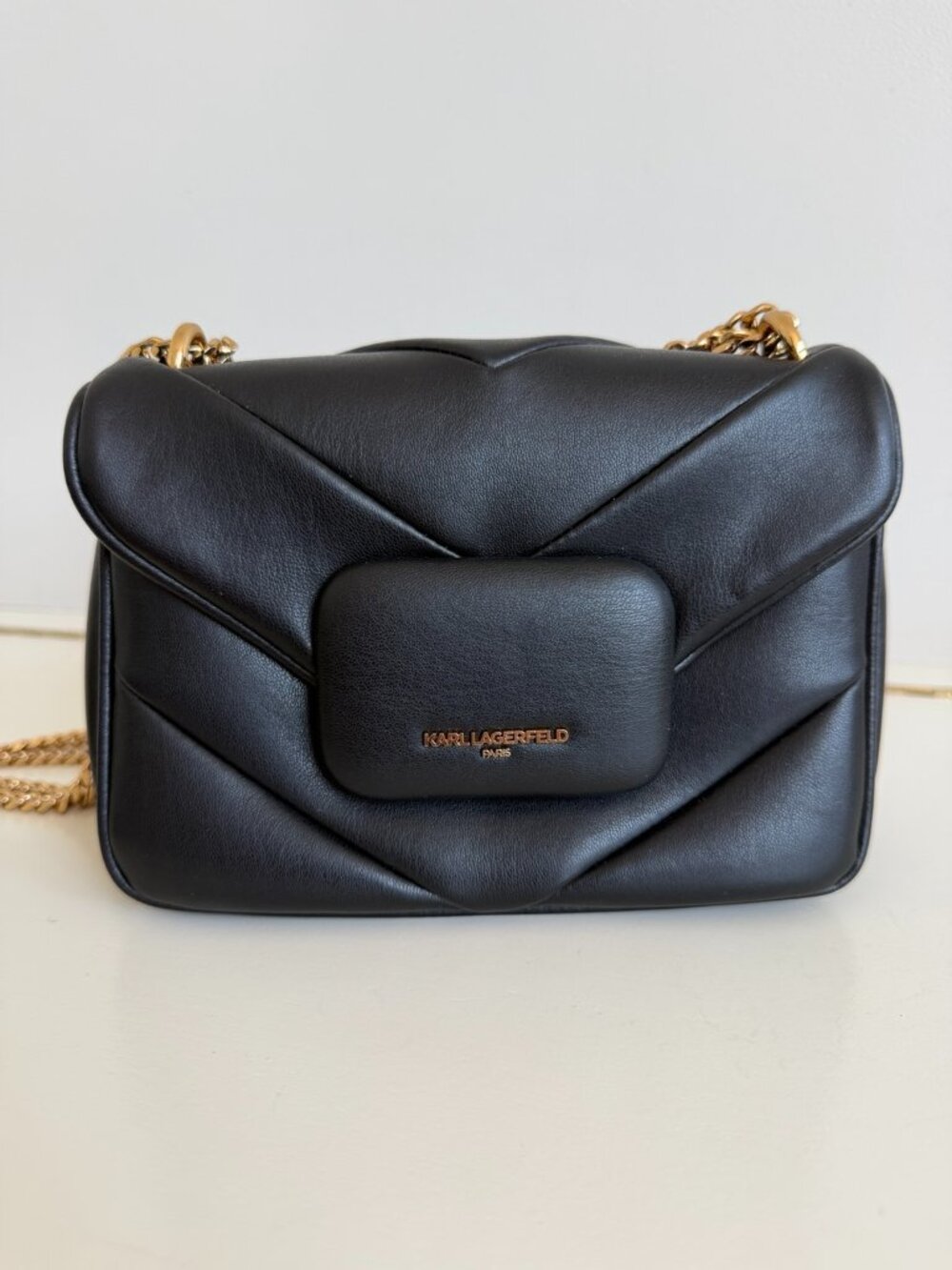 Karl Lagerfeld Paris Black Quilted Chain Shoulder Bag Gold Hardware